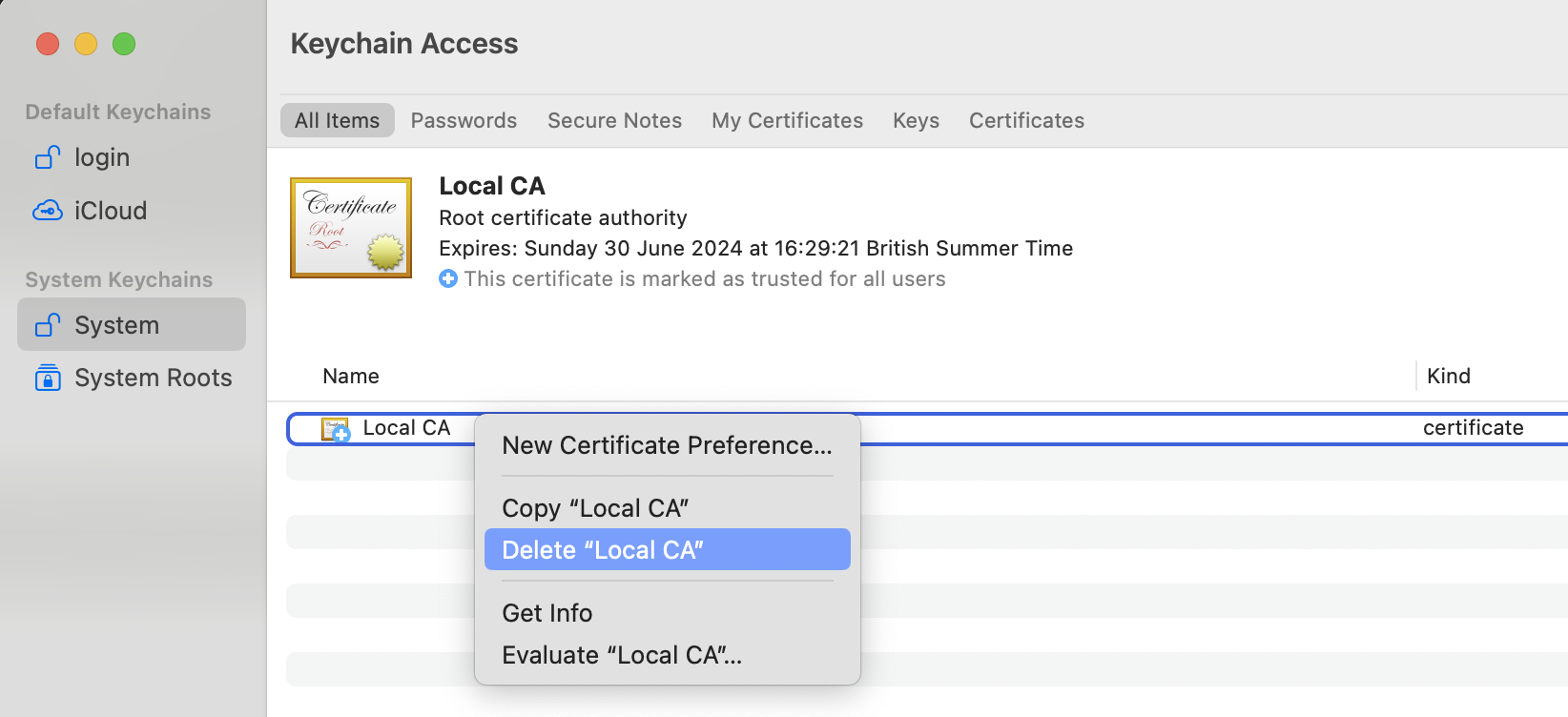 Delete CA certificate trust