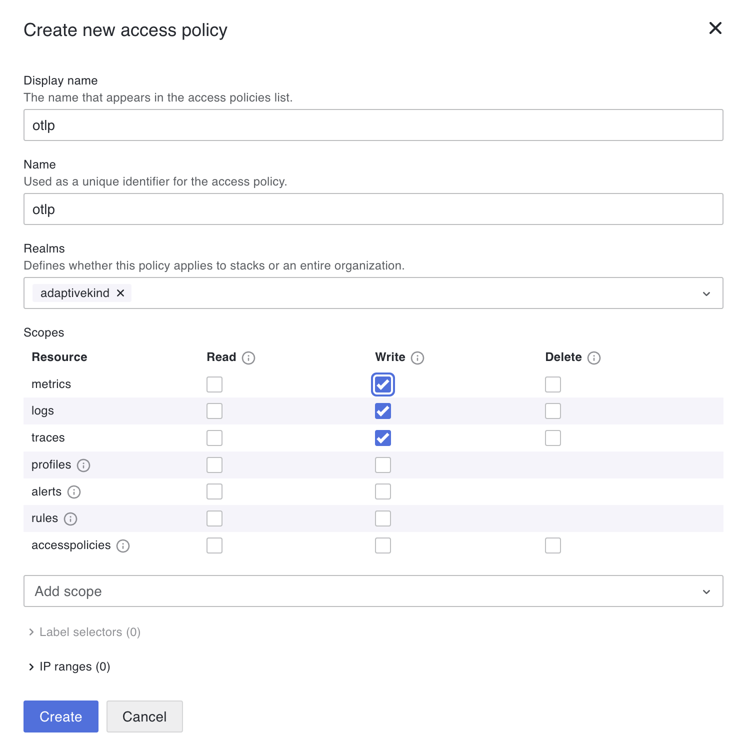 Grafana Cloud access policy