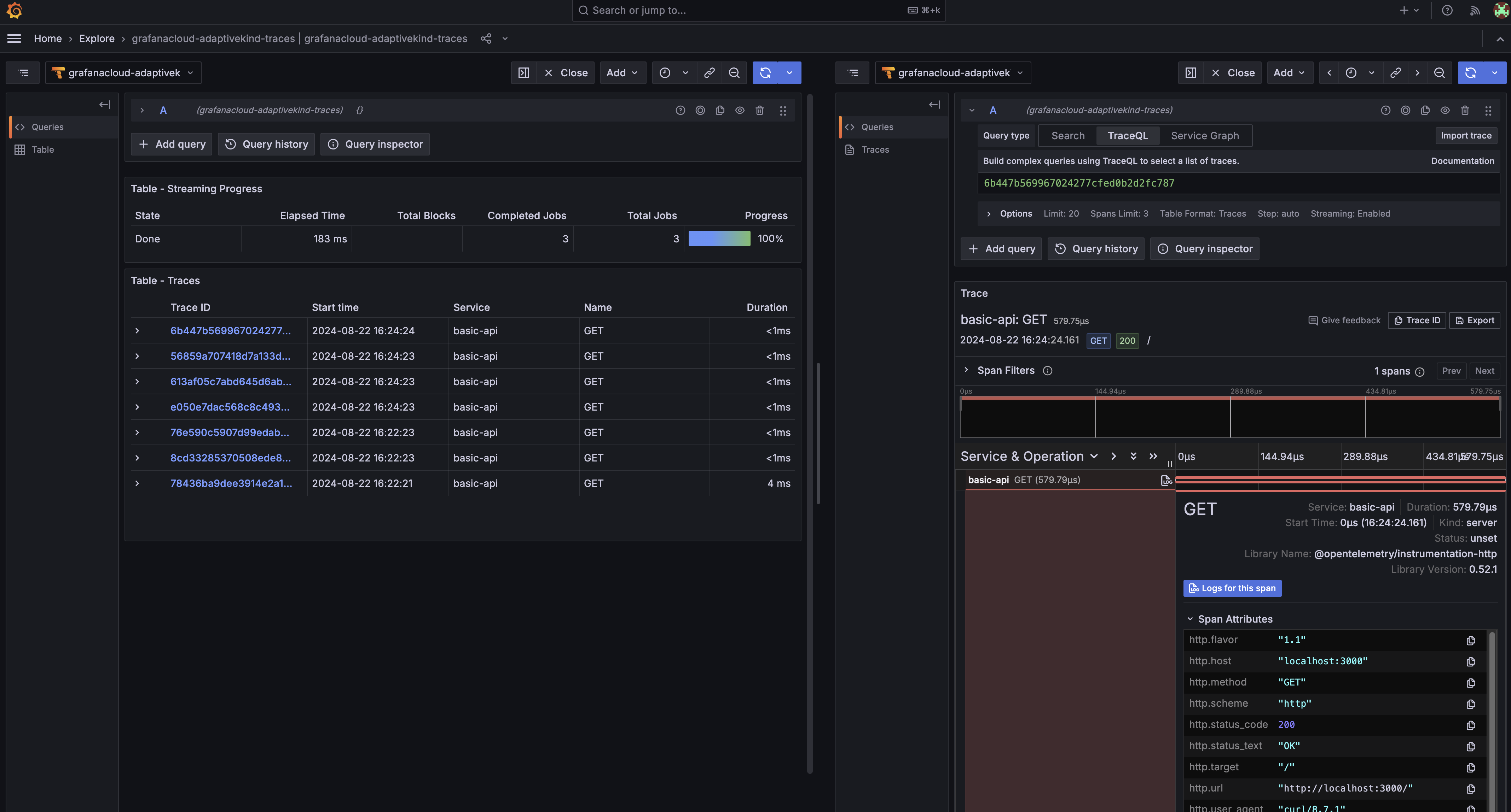 First traces in Grafana dashboard